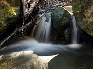 Preview wallpaper waterfall, rocks, long exposure, nature, landscape