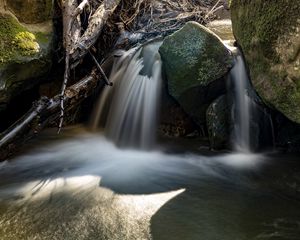 Preview wallpaper waterfall, rocks, long exposure, nature, landscape