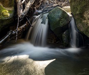 Preview wallpaper waterfall, rocks, long exposure, nature, landscape