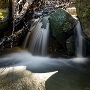 Preview wallpaper waterfall, rocks, long exposure, nature, landscape