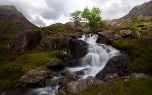 Preview wallpaper waterfall, rocks, mountains, grass