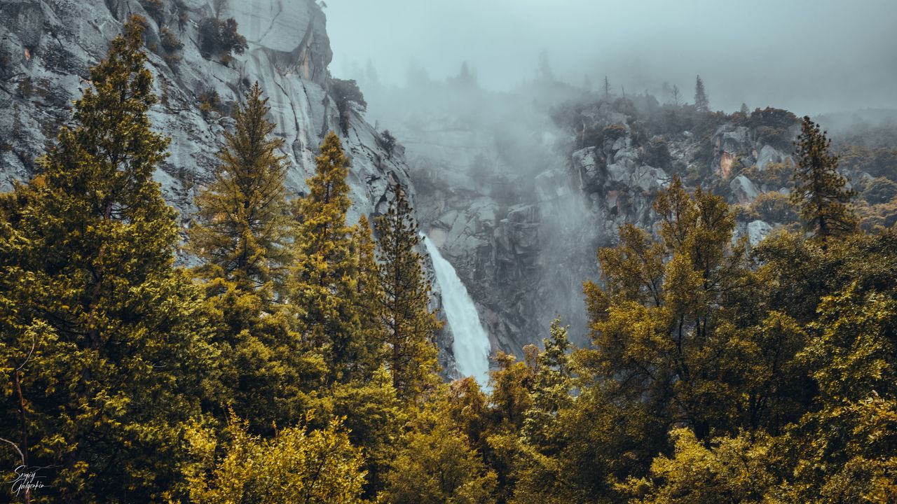 Wallpaper waterfall, rocks, mountains, trees, landscape, fog