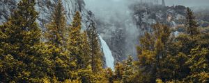 Preview wallpaper waterfall, rocks, mountains, trees, landscape, fog