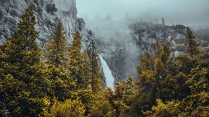 Preview wallpaper waterfall, rocks, mountains, trees, landscape, fog