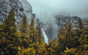 Preview wallpaper waterfall, rocks, mountains, trees, landscape, fog