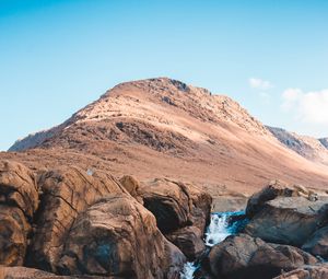 Preview wallpaper waterfall, rocks, peak, water