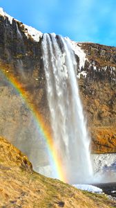 Preview wallpaper waterfall, rocks, rainbow, snow