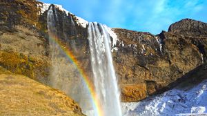 Preview wallpaper waterfall, rocks, rainbow, snow