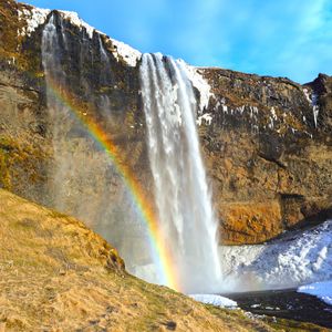 Preview wallpaper waterfall, rocks, rainbow, snow