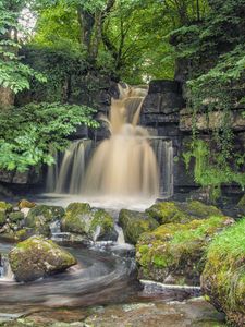 Preview wallpaper waterfall, rocks, river, trees, nature, landscape