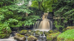 Preview wallpaper waterfall, rocks, river, trees, nature, landscape