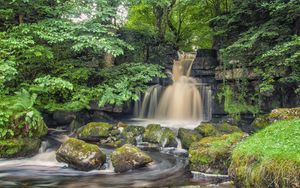 Preview wallpaper waterfall, rocks, river, trees, nature, landscape