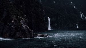 Preview wallpaper waterfall, rocks, sea, cliff, stones