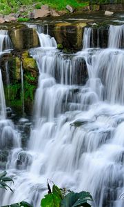 Preview wallpaper waterfall, rocks, shrubs, landscape