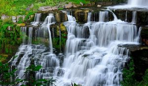 Preview wallpaper waterfall, rocks, shrubs, landscape