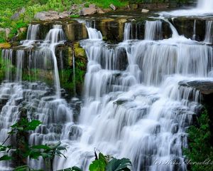 Preview wallpaper waterfall, rocks, shrubs, landscape