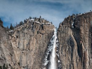 Preview wallpaper waterfall, rocks, snow, relief