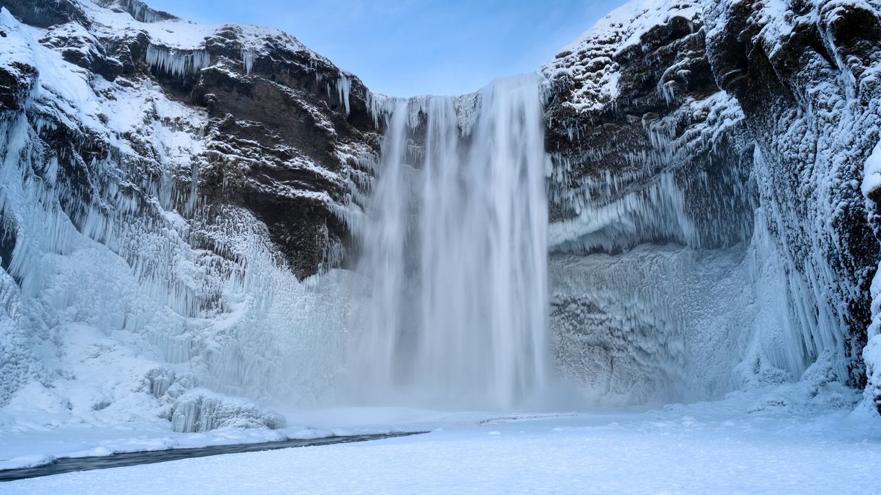 Wallpaper waterfall, rocks, snow, winter, landscape
