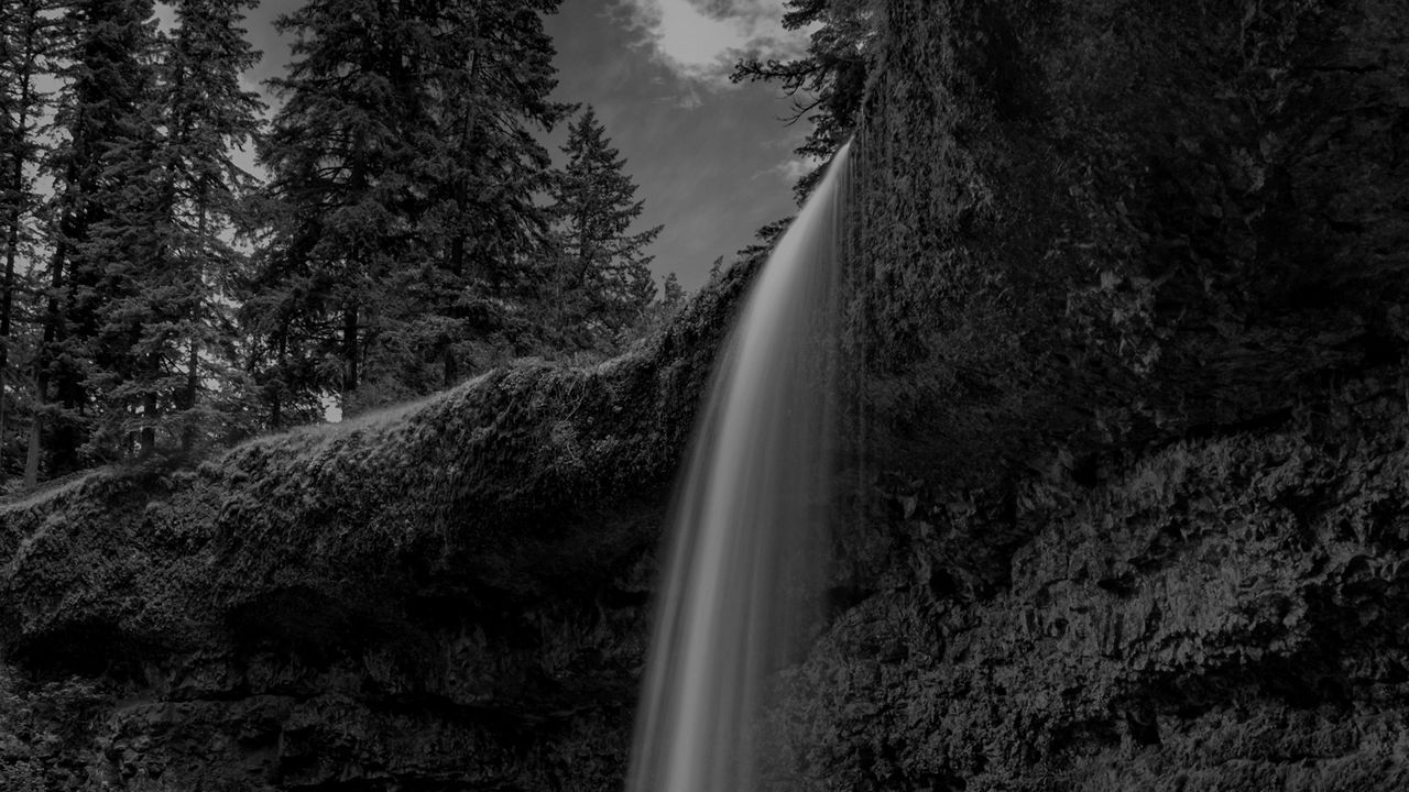 Wallpaper waterfall, rocks, splashes, dark