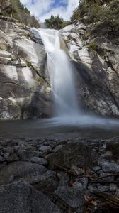 Preview wallpaper waterfall, rocks, stones, landscape, long exposure
