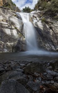 Preview wallpaper waterfall, rocks, stones, landscape, long exposure