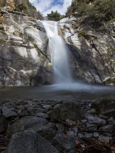 Preview wallpaper waterfall, rocks, stones, landscape, long exposure