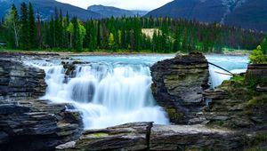 Preview wallpaper waterfall, rocks, stones, stony, trees