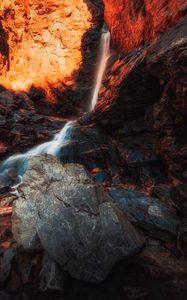 Preview wallpaper waterfall, rocks, stones, stream, light