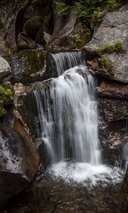 Preview wallpaper waterfall, rocks, stones, stream, moss, plants