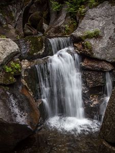 Preview wallpaper waterfall, rocks, stones, stream, moss, plants