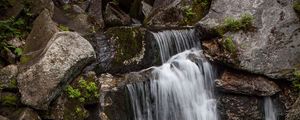 Preview wallpaper waterfall, rocks, stones, stream, moss, plants