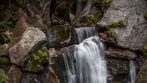 Preview wallpaper waterfall, rocks, stones, stream, moss, plants