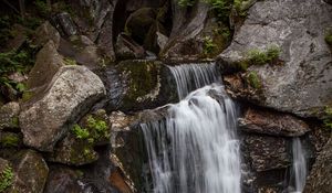 Preview wallpaper waterfall, rocks, stones, stream, moss, plants