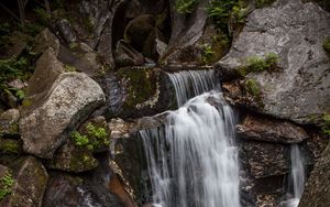 Preview wallpaper waterfall, rocks, stones, stream, moss, plants