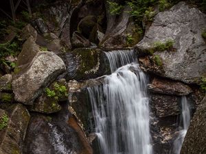 Preview wallpaper waterfall, rocks, stones, stream, moss, plants