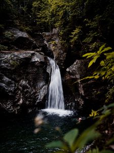 Preview wallpaper waterfall, rocks, stones, water, trees, bushes