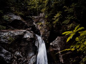 Preview wallpaper waterfall, rocks, stones, water, trees, bushes