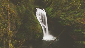 Preview wallpaper waterfall, rocks, stones, stream, moss, branches