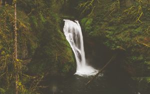 Preview wallpaper waterfall, rocks, stones, stream, moss, branches