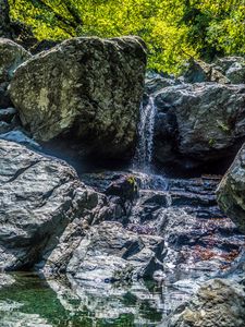 Preview wallpaper waterfall, rocks, stones, water, stream, trees