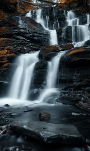 Preview wallpaper waterfall, rocks, stones, stream, water, spray