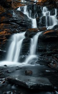 Preview wallpaper waterfall, rocks, stones, stream, water, spray