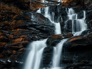 Preview wallpaper waterfall, rocks, stones, stream, water, spray