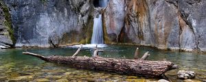 Preview wallpaper waterfall, rocks, stones, log, water