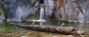 Preview wallpaper waterfall, rocks, stones, log, water