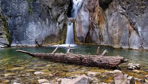 Preview wallpaper waterfall, rocks, stones, log, water