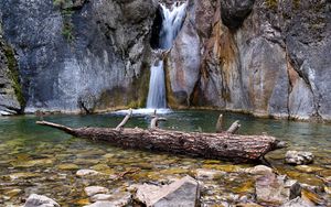 Preview wallpaper waterfall, rocks, stones, log, water