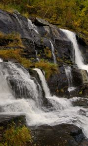 Preview wallpaper waterfall, rocks, stones, stream, grass