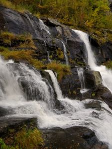 Preview wallpaper waterfall, rocks, stones, stream, grass