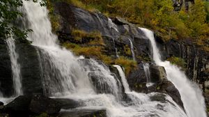 Preview wallpaper waterfall, rocks, stones, stream, grass